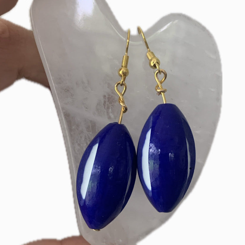 Grote donkerblauwe met wit gedetailleerde oorbellen van murano glas