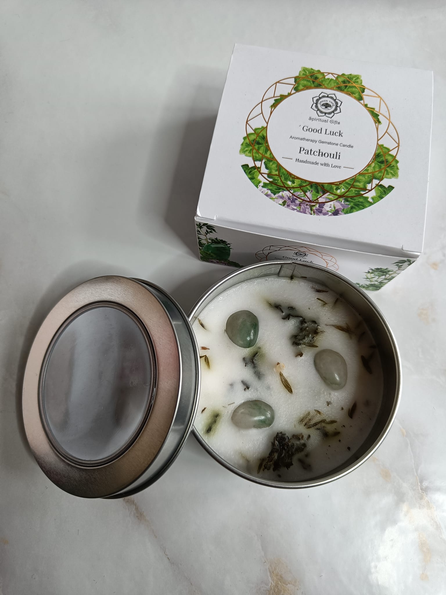 GoodLuckkaars groene aventurijn patchoeli